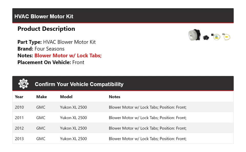 Kit de motor soplador delantero 4 estaciones 2011 2012 para GMC Yukon XL 2500 2010-2013 Foto 2 de 3