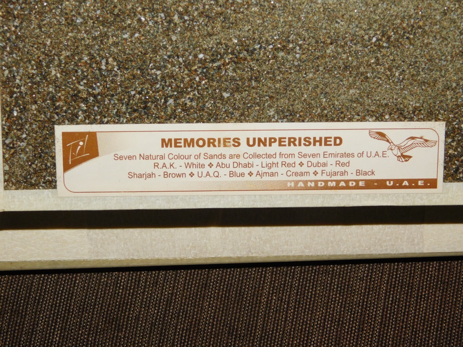 VINTAGE HANDMADE  7" X 5" U. A. E. SAND FROM 7 EMIRATES CAMELS FRAMED SOUVENIR