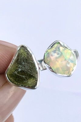 Rough Moldavite & Ethiopian opal Gemstone Ring 925 Silver Ring Adjustable Ring