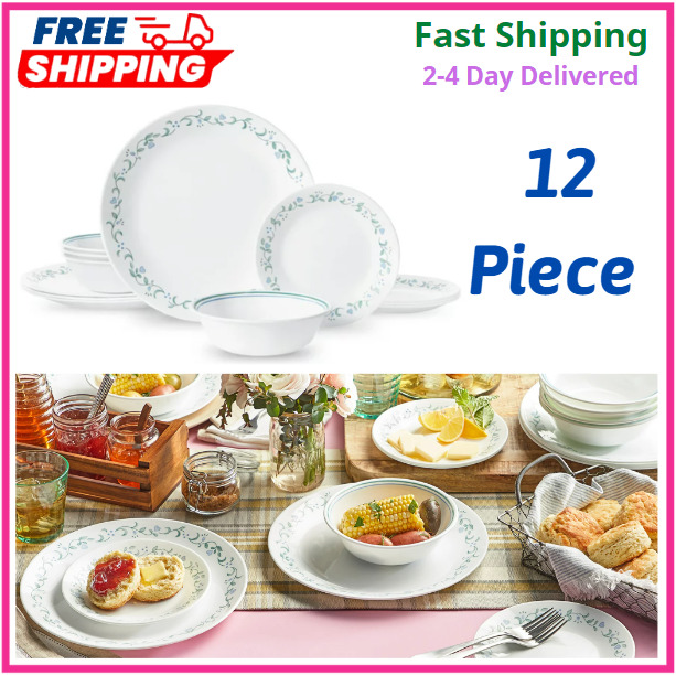 Corelle Country Cottage, White and Green Round 12-Piece Dinnerware Set