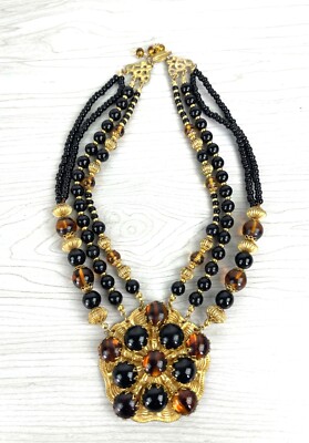 Vintage Miriam Haskell Amber and Onyx Three Strand Pendant Necklace Gold Tone