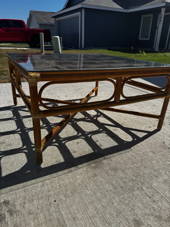 Vintage Rattan Bent Bamboo Square Coffee Table Glass Top - Image 4 of 4