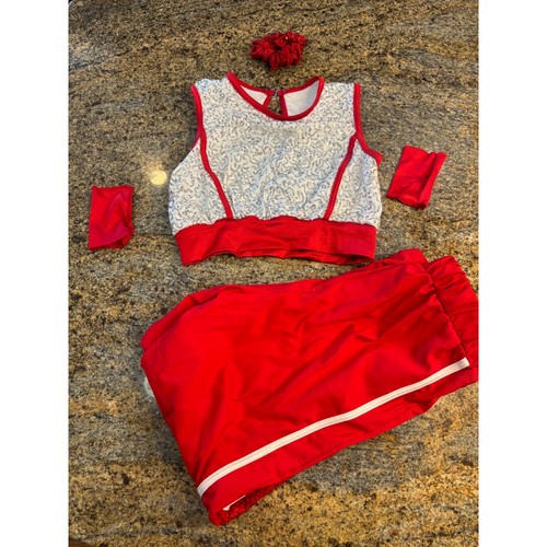 Weissman Red Silver Sequin Dance Costume Crop Top Joggers Cuffs MC 10-12 Girls