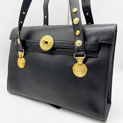 GIANNI VERSACE Shoulder Tote Bag Handbag Medusa Black Leather Vintage Y2K Auth