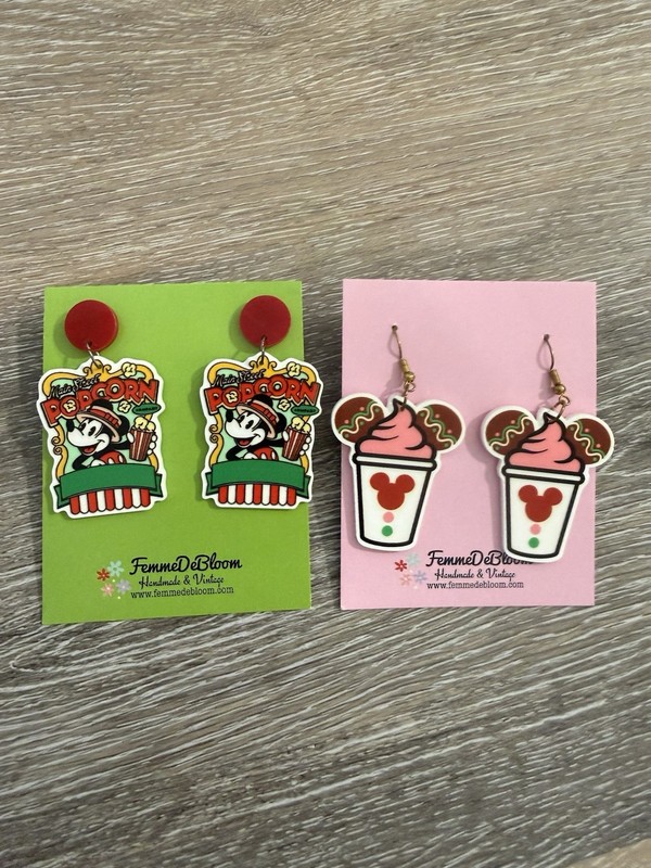 FemmeDeBloom Set Of 2 Mickey Mouse Main Street Popcorn Mocha Latte Earrings