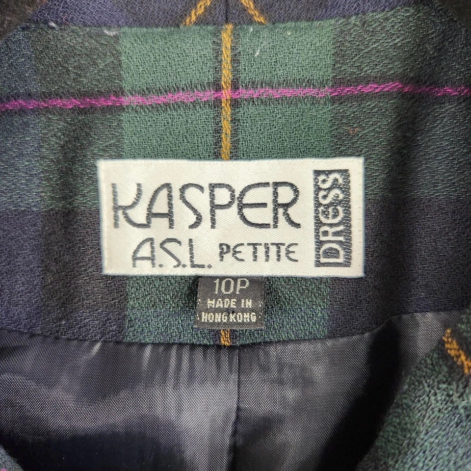 Vintage Kasper ASL Dress Womens 10P Green Navy Plaid Tartan Dress Velvet Trim - Image 4 of 4