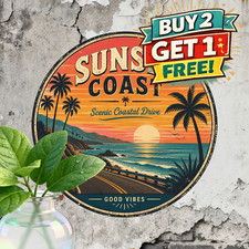 Retro Sunset Ocean Horizon Round Metal Sign Coastal Beach House Wall Decor 8x8