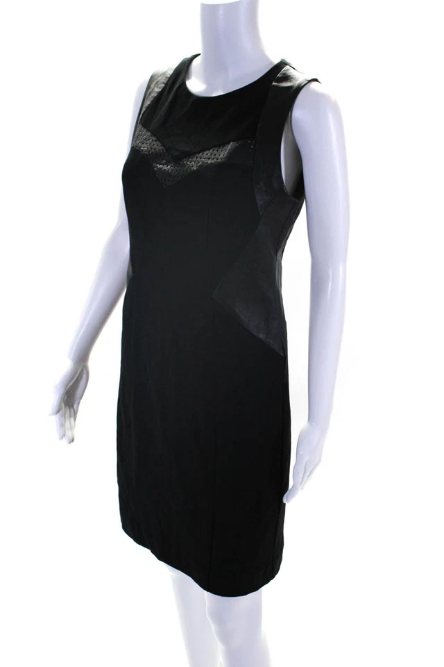 Nanette Lepore 女式后拉链圆领皮革装饰紧身连衣裙黑色 6 码 — 第 2/4 张图片