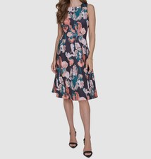 Halston Women's Black Printed Round-Neck Sleeveless A-Line Dress Size 4