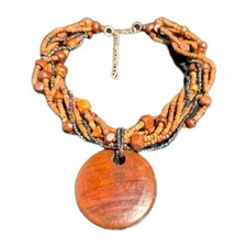 VTG Twisted Multi Strand Wood Disc Pendant Necklace Seed Bead Boho Ethnic Tribal