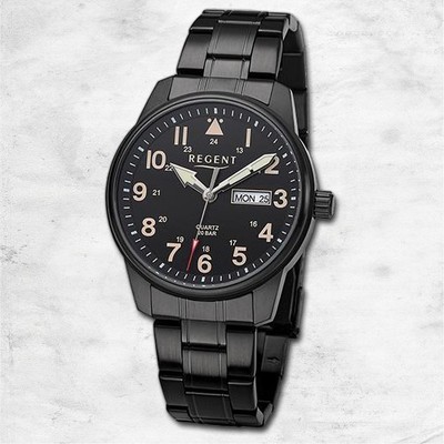 Regent Metall Herren Uhr Armbanduhr Quarz schwarz Metallarmband URF1278