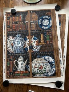 Set Of 2, Wallpaper/Poster, China Cabinet With Books And China, 1988, 27” X 36”