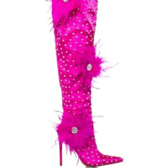 AZALEA WANG " TOP TIER " Size: 11 in FUCHSIA or BLACK SATIN FEATHER FLOWER BOOTS - Image 2 of 4