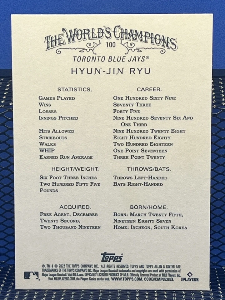 2022 Allen & Ginter HYUN JIN RYU Toronto Blue Jays Base 100 - Image 2 of 2