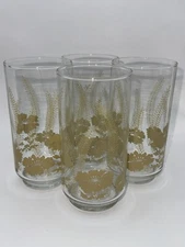 Vintage Libbey Yellow Hibiscus Flowers Wheat Glasses Set of Four