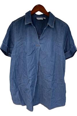 Joan Rivers V-Neck Denim Shirt w/ Back Button Detail Medium Blue