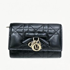 Dior Black Gold Quilted Lambskin Wallet, Trifold Card Holder, Zip Coin Pocket