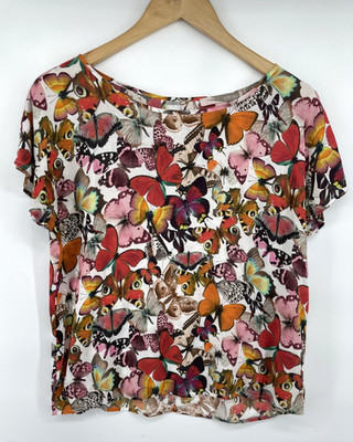 Forever 21 Women Blouse M Butterfly Print Monarch Top Keyhole Back Fairy Flutter