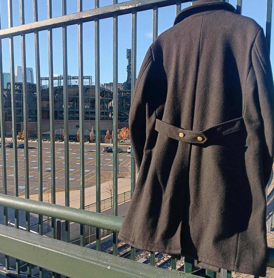 Abrigo Puente Azul Marino EE. UU. Chaquetón Negro 100% Lana Pesado Águila Botones Dorados  Foto 3 de 4