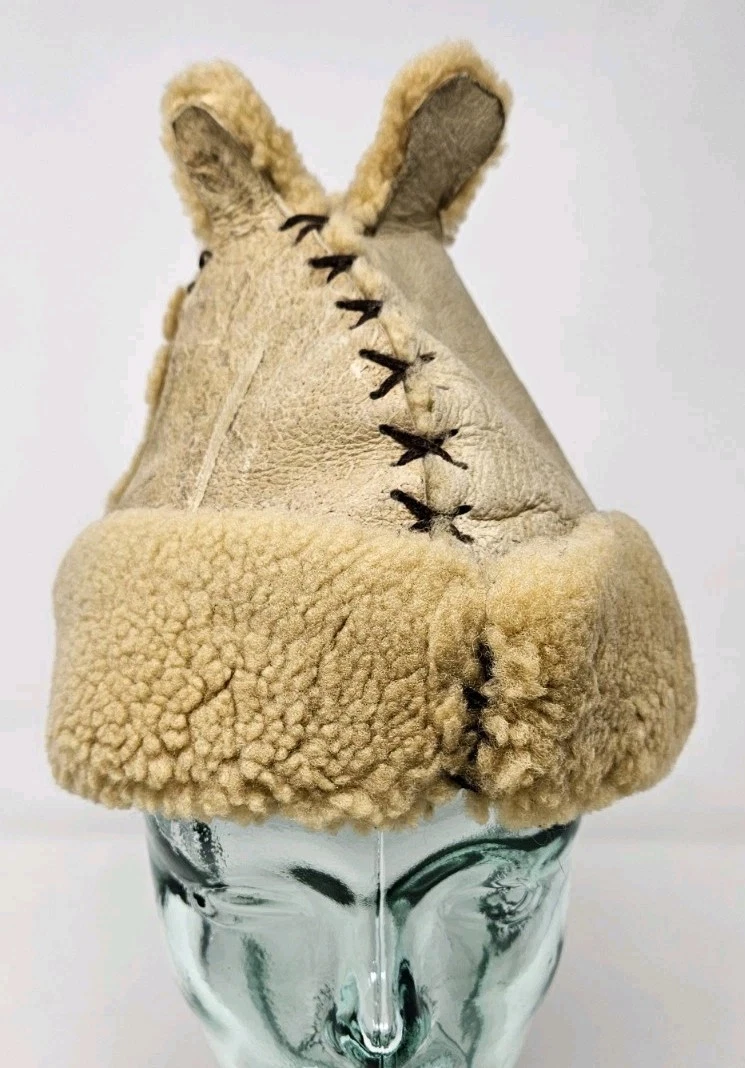 Sheepskin Sueded Fleece Sherpa Shearling Lined Winter Hat Cap Warm Vintage Tan