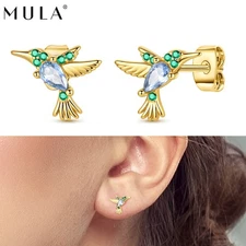 MULA European Golden Hummingbird Stud Earrings 925 Sterling Silver Women Jewelry