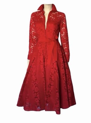 Carolina Herrera red floral lace buttoned maxi shirt dress XS | eBay
