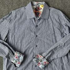 Robert Graham Shirt Large Blue Gingham Classic Fit Flip Cuff Asian Water Color