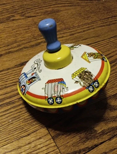 Vintage Spinning Top Metal Tin Toy Circus Train Ohio Art