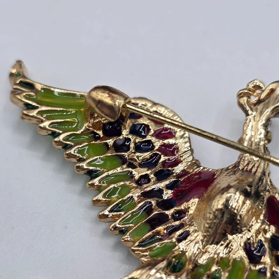 Impresionante Broche Pájaro Fénix Estrás Esmalte Gema Acentos Tono Dorado Prendedor Foto 4 de 4