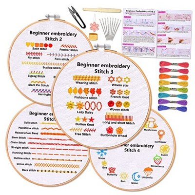  4 Set Beginners Embroidery Stitch Practice kit, Embroidery Starter kit for 