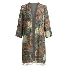 NEW Umgee Kimono SMALL Gray Orange Feathers Semi-Sheer Duster Cardigan Tassels