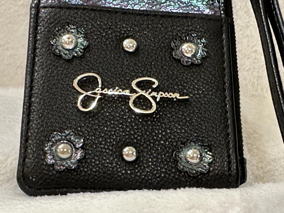 Jessica Simpson ~ Black Leather Card Wallet Wristlet Strap ~ Zippered Pocket NEW - Image 3 of 4