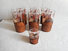 Vintage Libbey Bamco Western Long Horn Tooled Leather Bar Glasses Set - 6 Ex Vintage Libbey Bamco Western Long Horn Tooled Leather Bar Glasses Set - 6 Ex