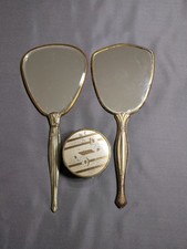 Vintage Art Deco vanity set2 hand mirror And Powder Jar with embossed floral