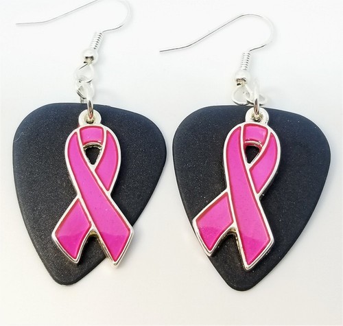 Fuchsia Ribbon Charm Guitar Pick Earrings with Surgical Steel Earwires - Picture 5 of 11