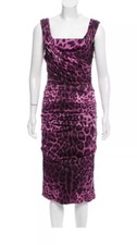 DOLCE & GABBANA Ruched silk Purple Leopard Dress 42 = USA 6