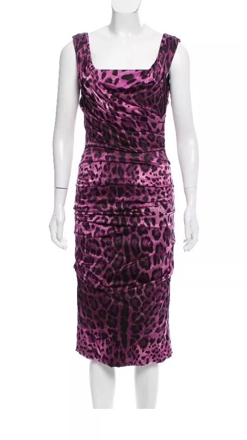 DOLCE & GABBANA Ruched silk Purple Leopard Dress 42 = USA 6