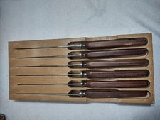 Set 6 Vintage Buras Steak Knives in wood holder Stainless Made In England
