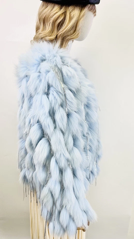 Nueva chaqueta para mujer azul genuina de piel de nube de zorro con lentejuelas busto de EE. UU. OS 47"" Foto 3 de 4