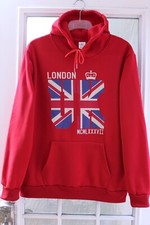 Unbranded "London UK" Red Fleece Lined Hooded Long Sleeve Sweatshirt Men L NWOT