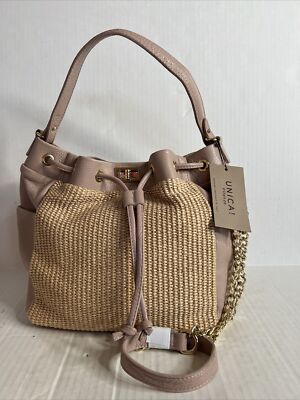 NWT Unica firenze italian leather straw purse Nude  style G13