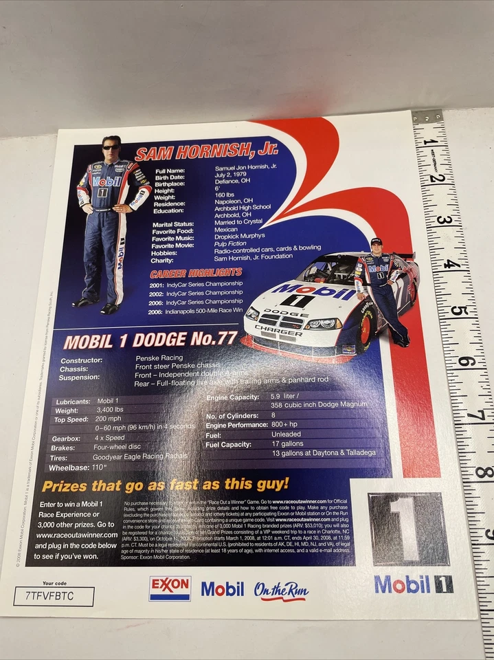 FOTO NASCAR - Sam Hornish Jr. Mobil 1 Dodge #77 Nuevo de Lote Antiguo Póster de Stock Pesado 8X10” Foto 2 de 3
