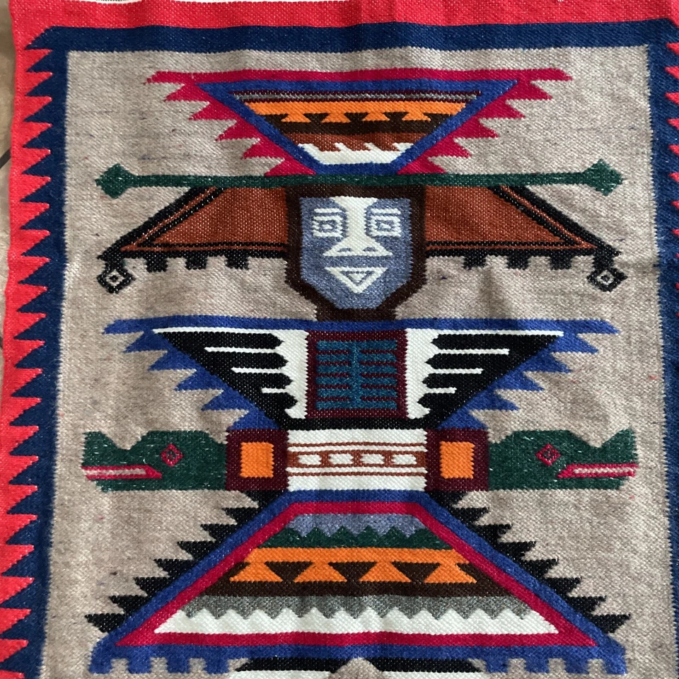Vintage ECUADOR Hand Woven WALL HANGING Tapestry Rug 26x37" Tiki Totem #2 - Image 2 of 4