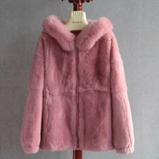 Luxury Women Real Rex Rabbit Fur Jackets with Natural Fox Fur Trim Hooded Coats
