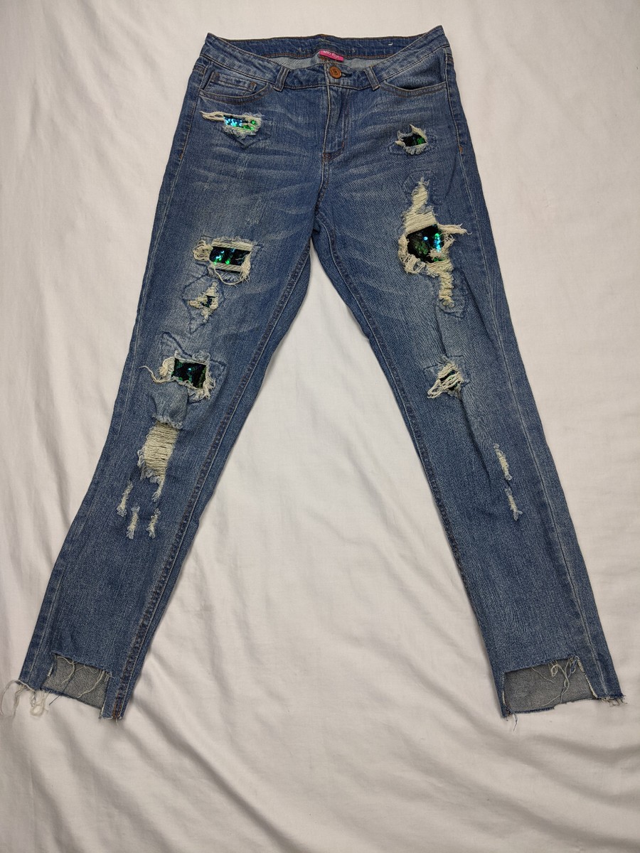 Almost Famous Embellished Mermaid Destroyed Womens Size Mid Rise Blue  Jeans