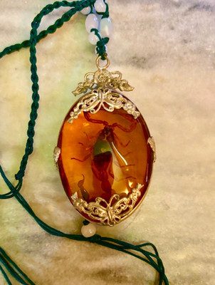 Rare Vintage Amber  Scorpion Amulet Pendant Set in Ornate  Silver Design 2.75''