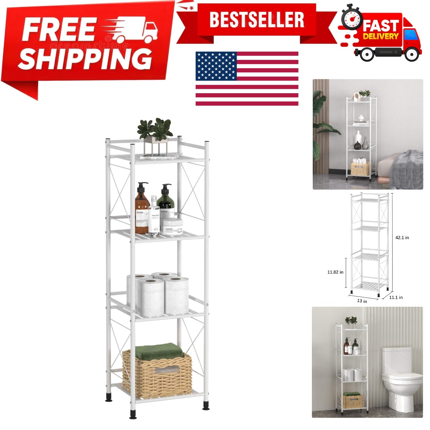 4 Tier Shelving Unit, Freestanding Bathroom Storage Shelves, Metal Heavy Duty...
