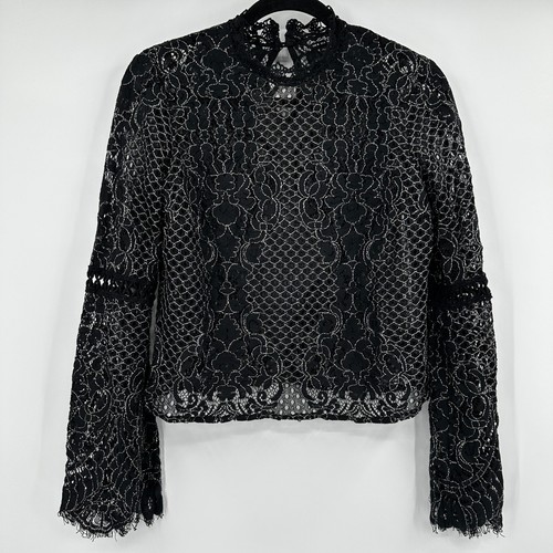 Miss Selfridge Black Metallic Floral Lace Bell Sleeve Top US 6 Romantic Gothcore