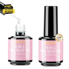6 in 1 Gel Nail Glue, 2Pcs 15Ml for False Nails, Base Gel, Rhinestone, Blooming