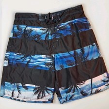 Joe Boxer Mens Large Swim Trunks Black/Blue Palm Trees Drawstring New With Tags